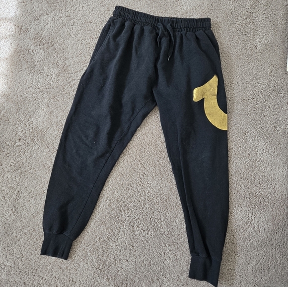 True Religion Gold HORSESHOE Logo Black Cuffed Sweat Jogger Pants size Medium - Picture 7 of 14